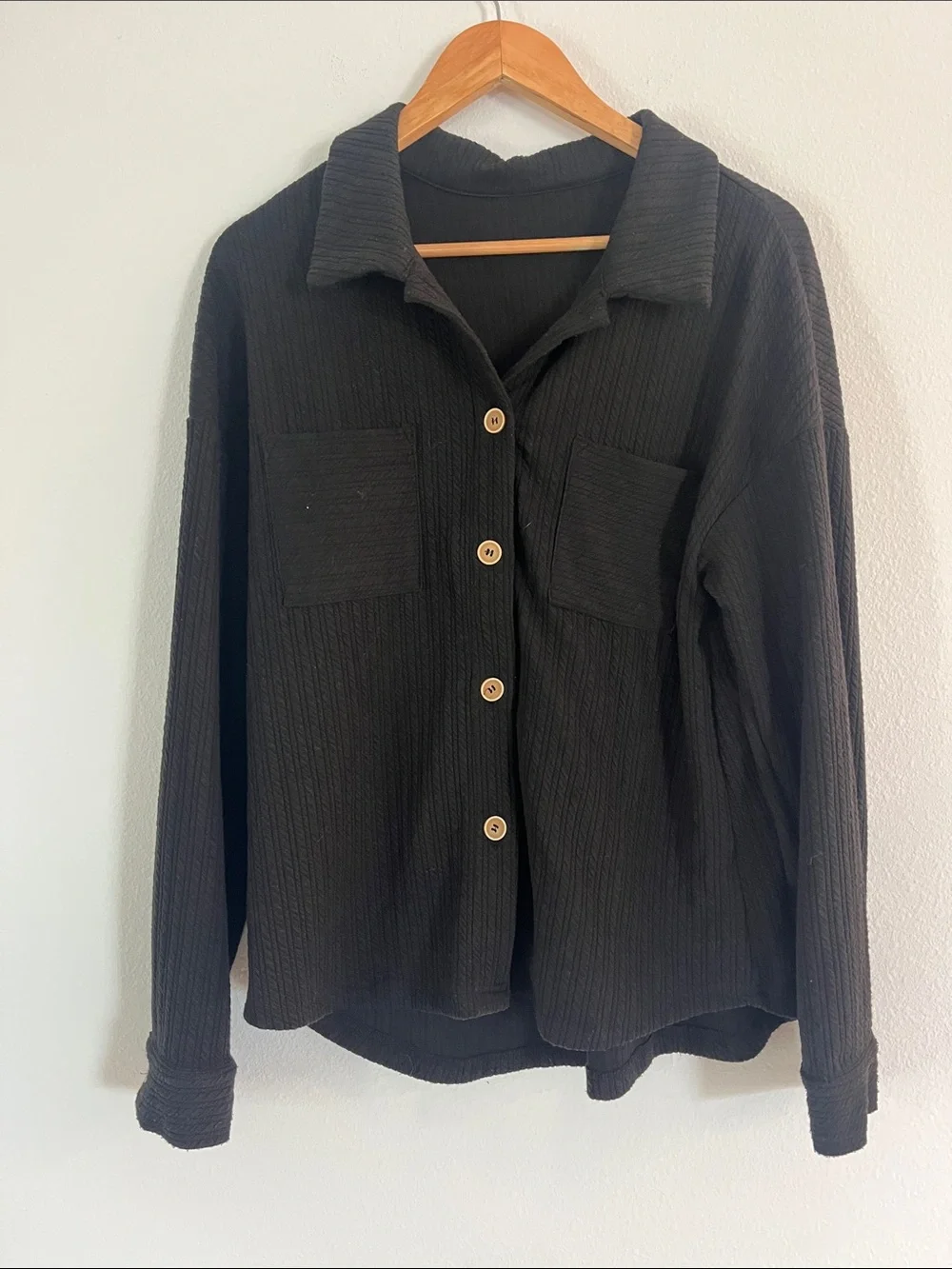 Boutique Black Button-Front Ribbed Long Sleeve Shirt Jacket